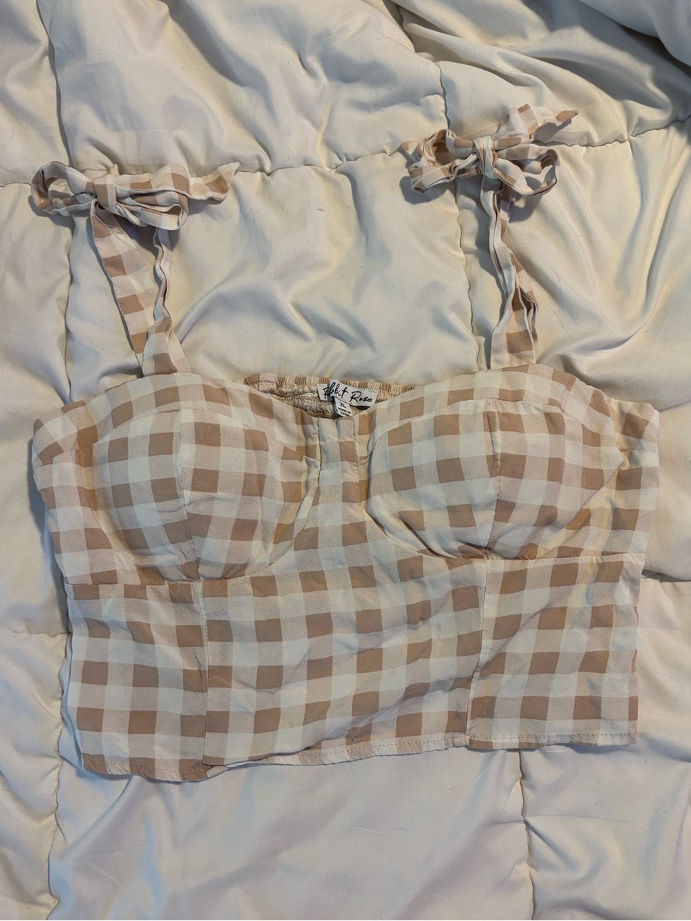 Light Beige Gingham Tie-Shoulder Bustier Cropped Camisole